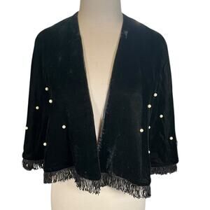 Black Velvet Shawl with Pearl Embellishments and Tassel Fringe Satin Inside O/S